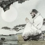 Ilustración de Bodhidharma sentado, con las palmas unidas