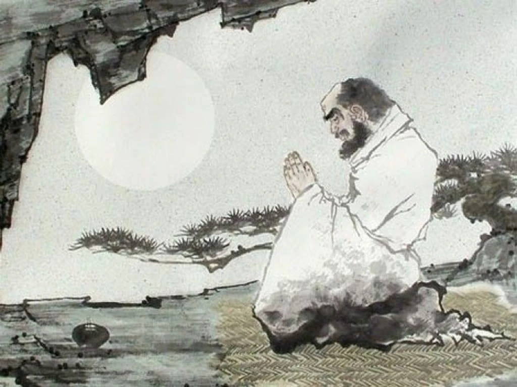 Ilustración de Bodhidharma sentado, con las palmas unidas